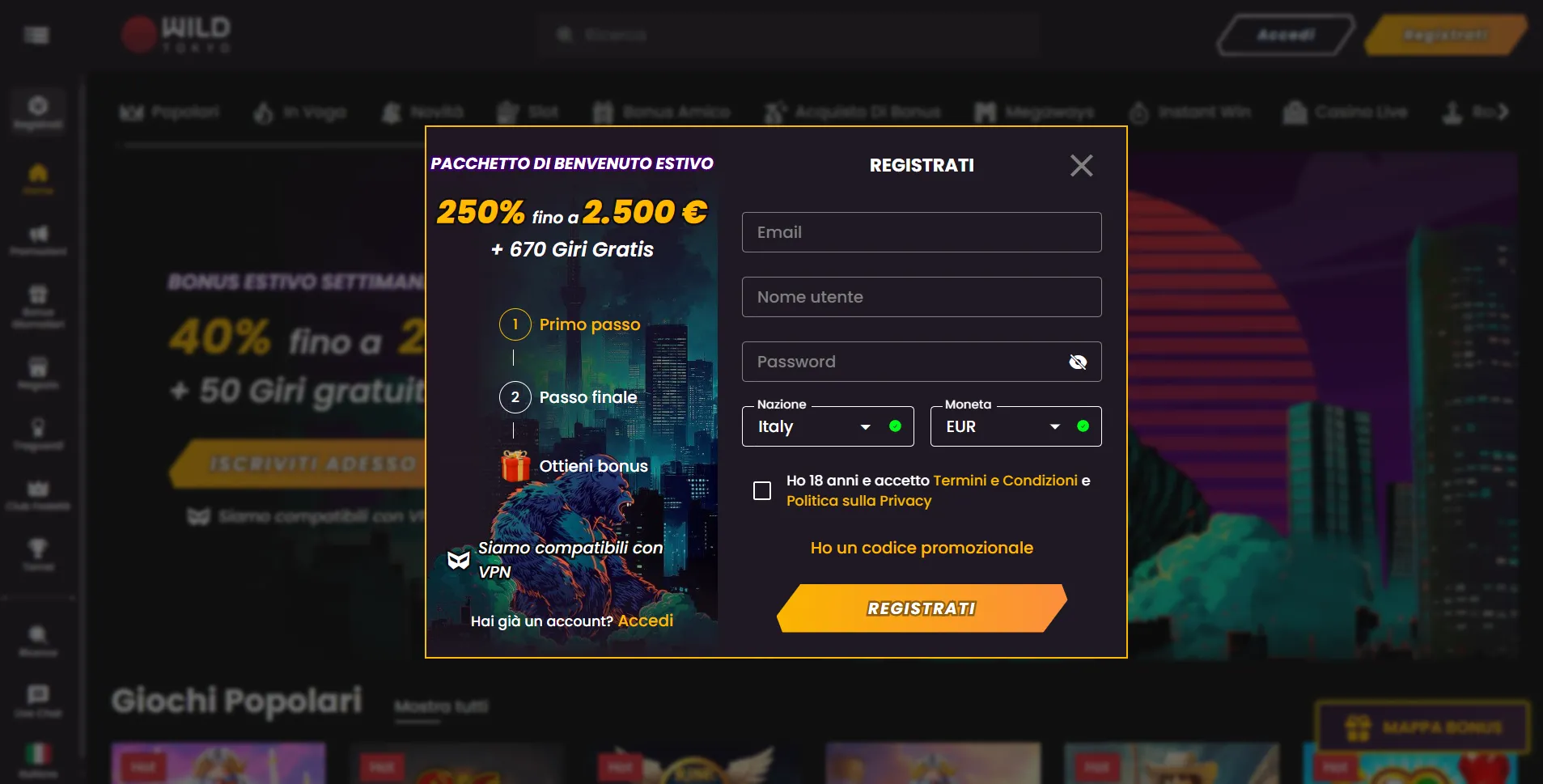 Registrazione Veloce e Meno Restrizioni